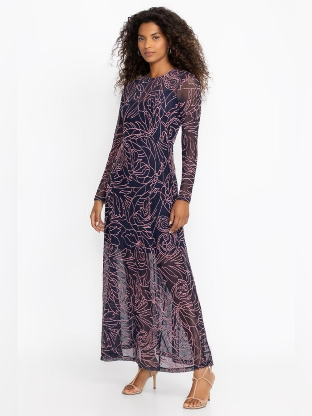 Johnny Was Jade Sumner Panel Sereina Sheer Blue Mesh Pink Floral Maxi Dress S